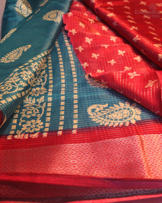 Blue Printed Banaras Silk with Zari Border and all over Zari Check