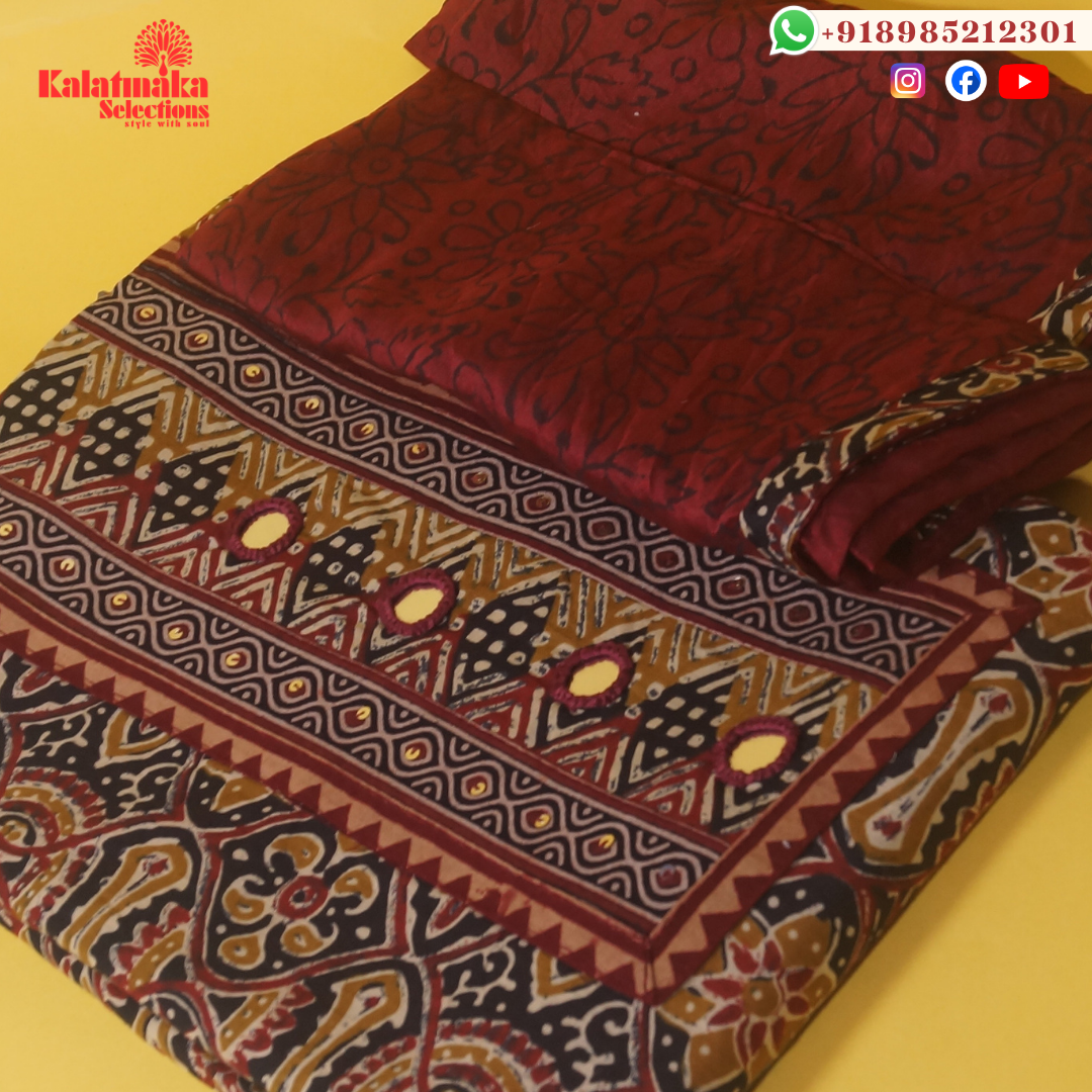 Cream and Black Kalamkari Printed with Mirrors Dress Material with Red Bottom