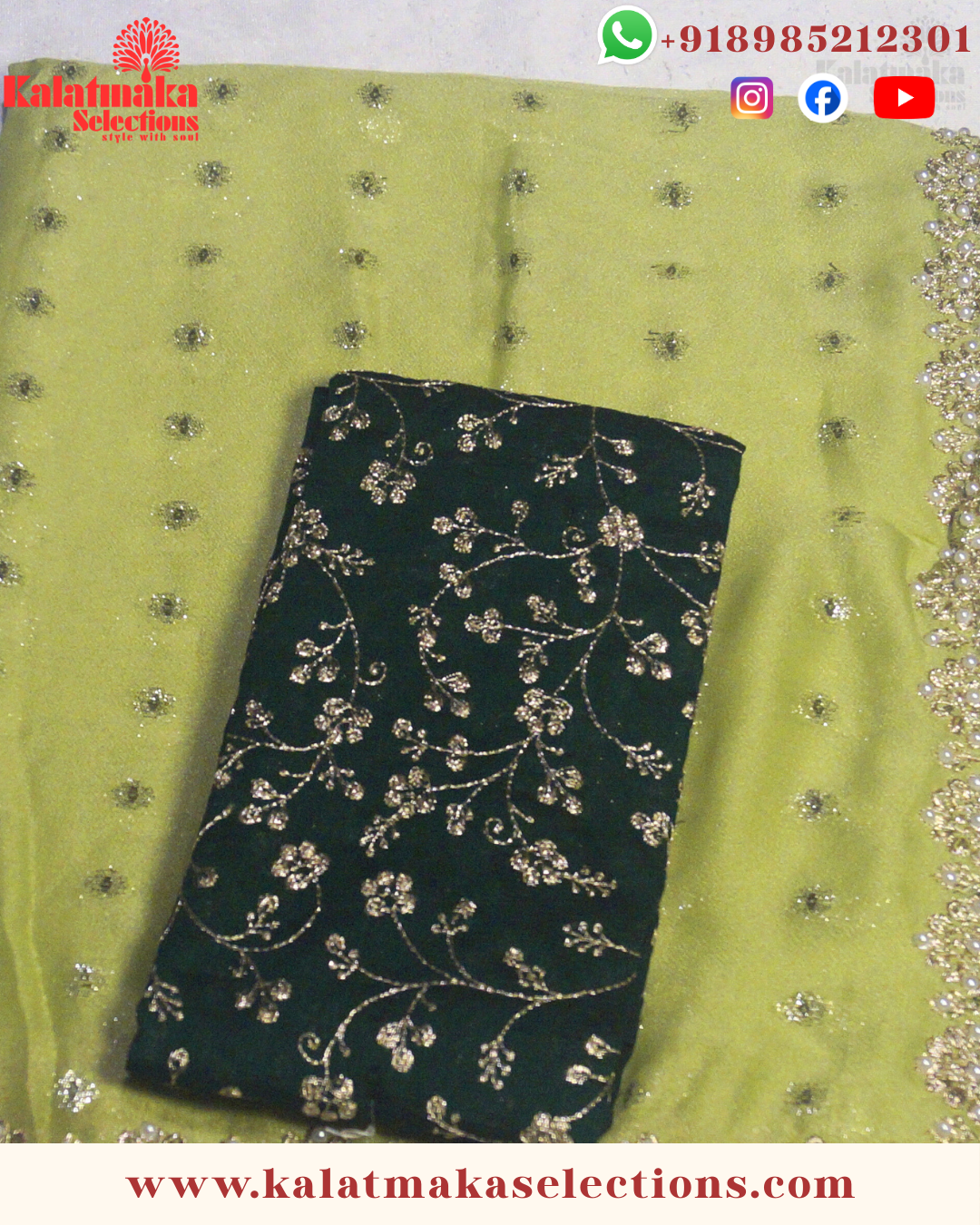 Mehandi Green Chiffon work saree with silver and golden all over butta with blouse