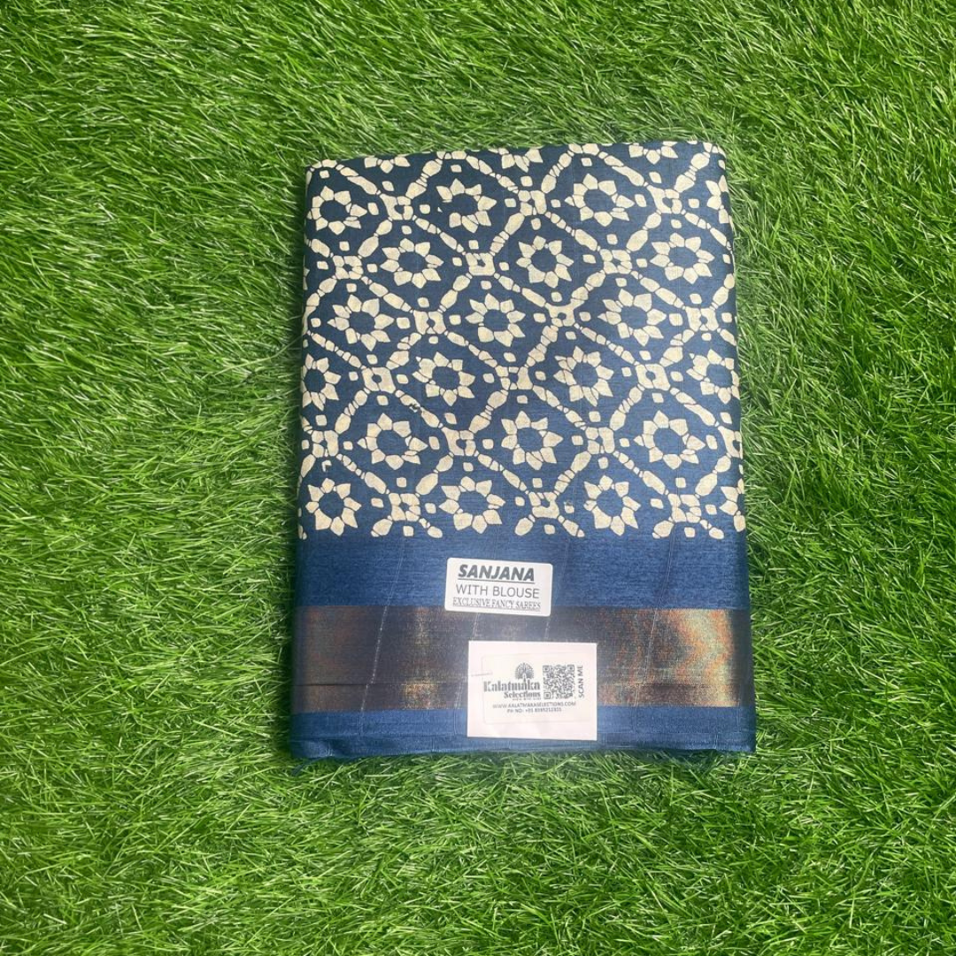 NavyBlue Printed Fancy Saree with Golden Border