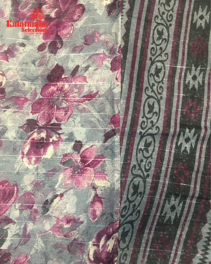 Silver Floral Design Linen Fancy Saree