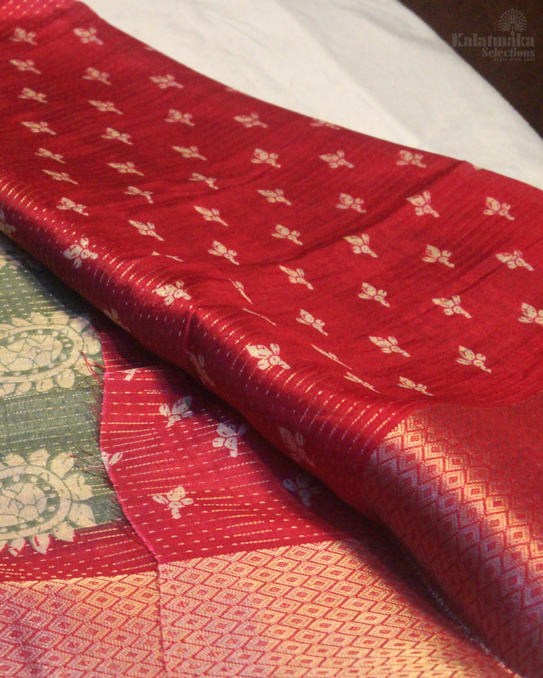 Smokey Green Printed Banaras Silk with Zari Border and all over Zari Check