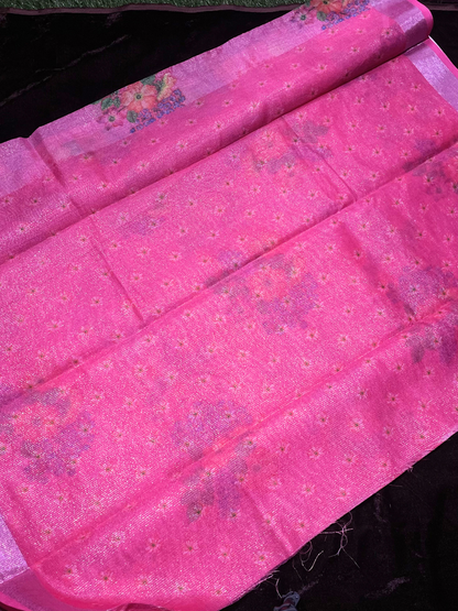 Pink Tissue Fancy Saree with All Over Floral Design