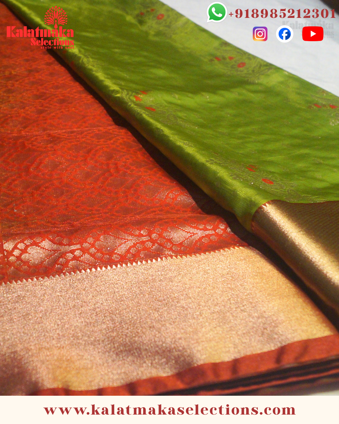 Mehandi Green Color Pattu saree with contrast border and contrast blouse with golden meena work