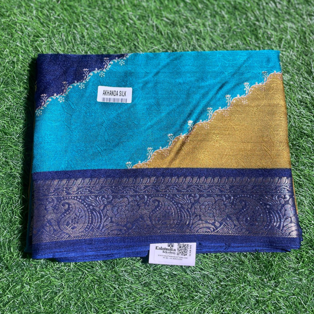 Multi Color Akhanda Silk Saree with Rich Silver Border