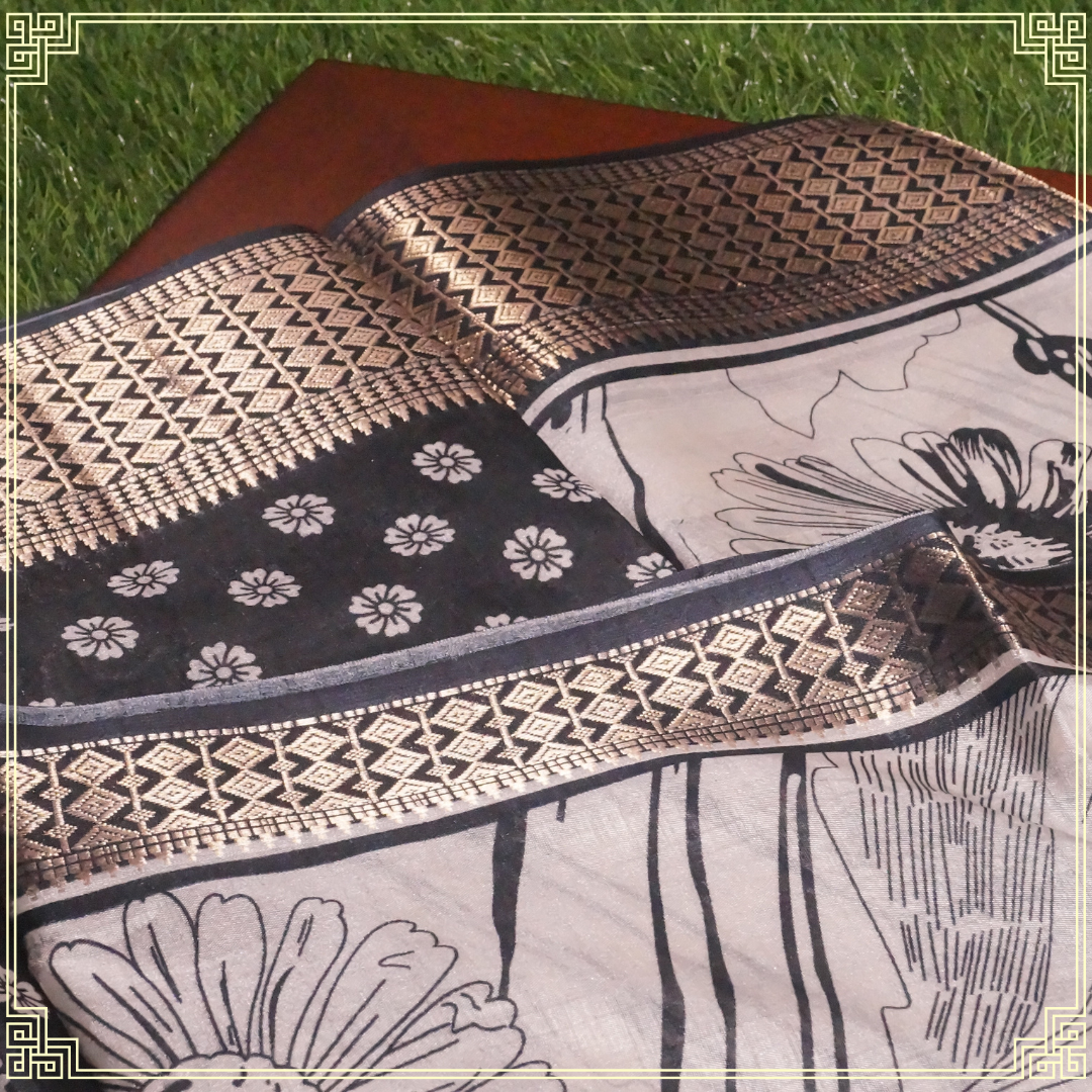 White and Black Floral Design Fancy Saree