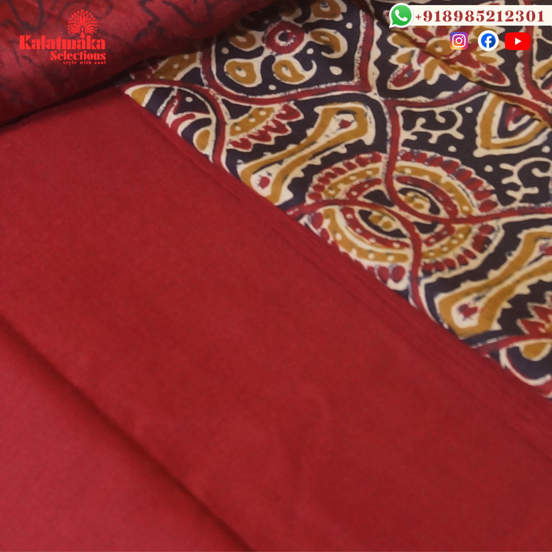 Cream and Black Kalamkari Printed with Mirrors Dress Material with Red Bottom