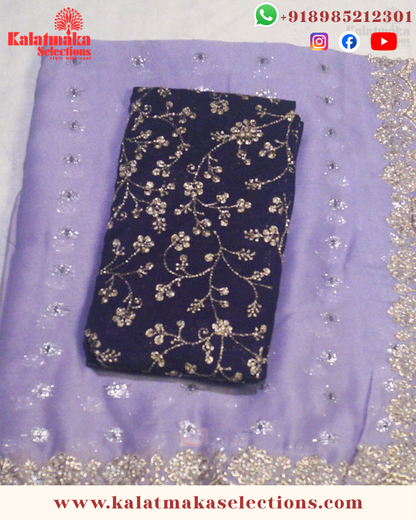 Purple Chiffon work saree with silver and golden all over butta with Thick Purple Blouse