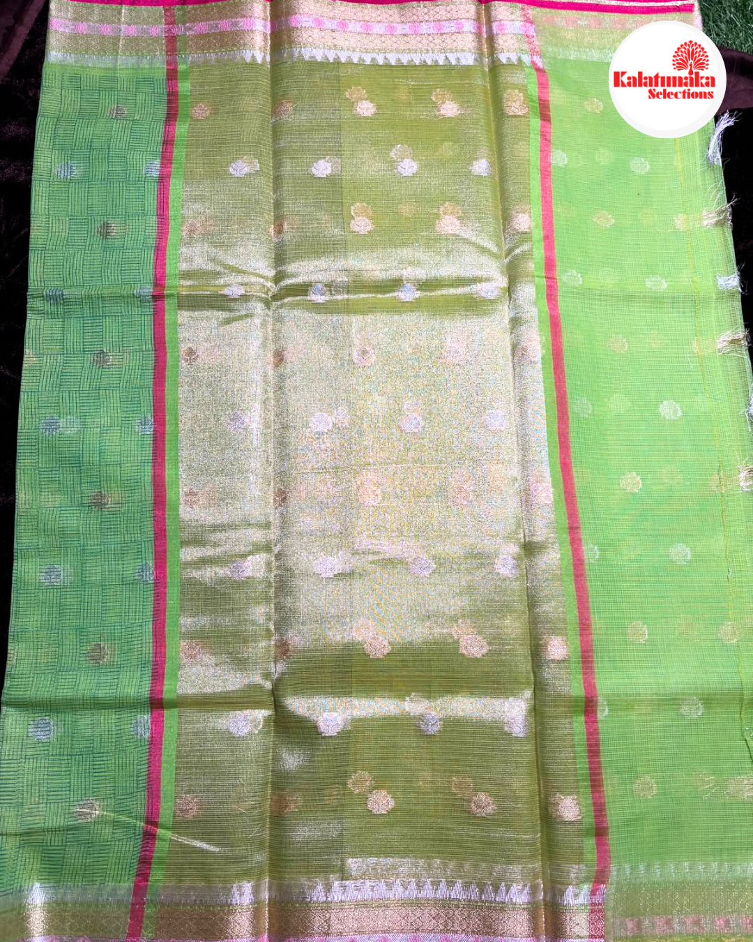 Green Zari Kota Fancy Saree with All Over Silver Butta Design and Golden Multi-Color Border