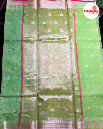 Green Zari Kota Fancy Saree with All Over Silver Butta Design and Golden Multi-Color Border