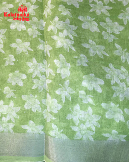 Green Floral Design Linen Fancy Saree