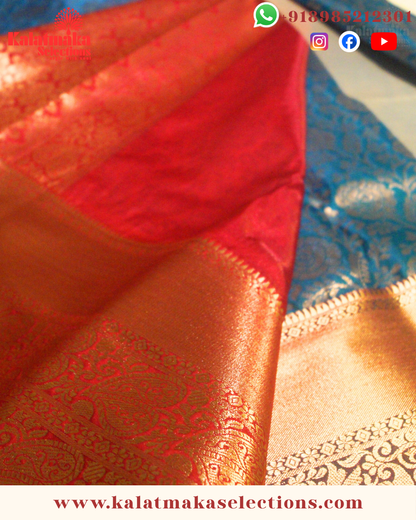 Sea Blue Color Kancipattu saree with all over golden zari and cooper border with blouse