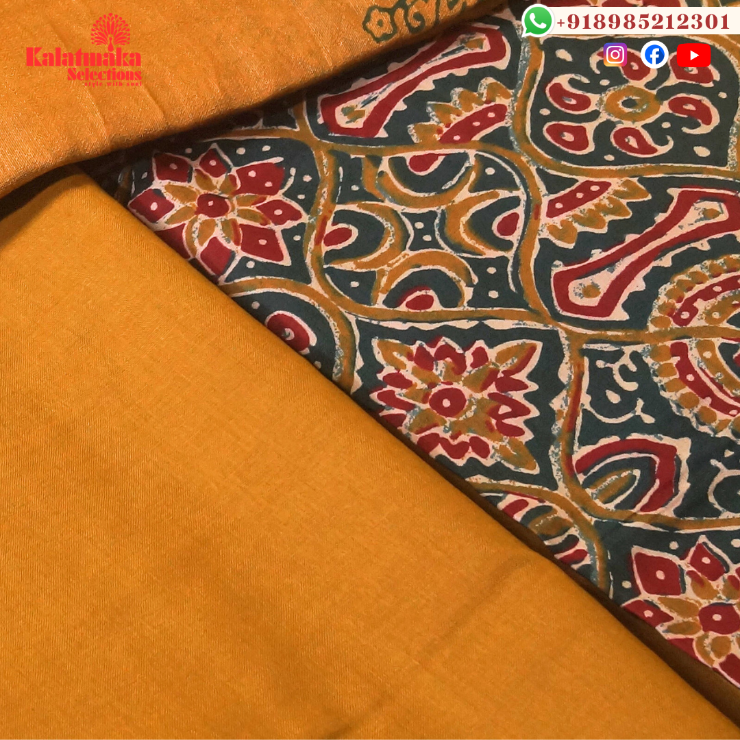 Green and Red Kalamkari Printed Dress Material with Mirrors and Mustard Bottom