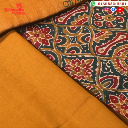 Green and Red Kalamkari Printed Dress Material with Mirrors and Mustard Bottom