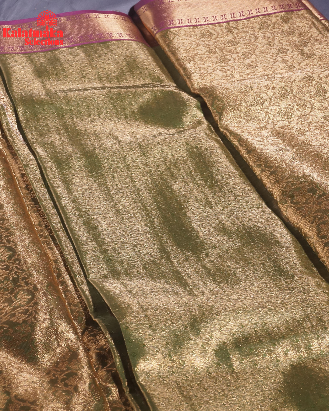 Green with Golden Work and Purple Border Padia Pattu Saree