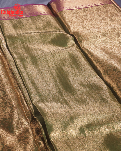 Green with Golden Work and Purple Border Padia Pattu Saree