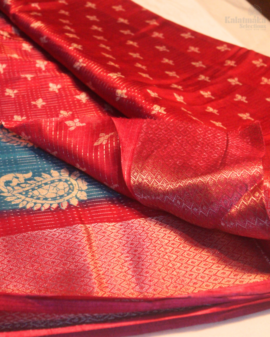 Blue Printed Banaras Silk with Zari Border and all over Zari Check