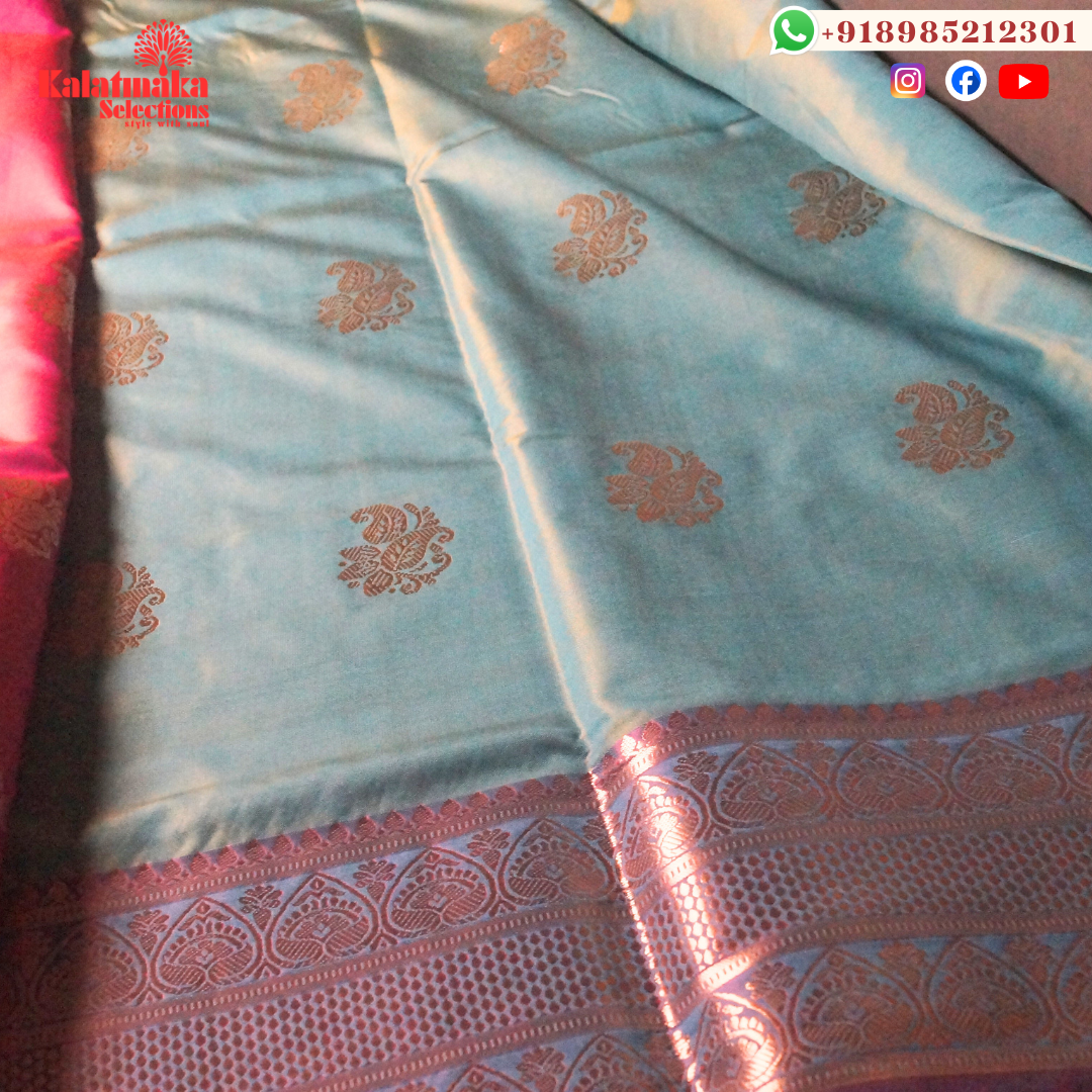 Sea Blue Uppada Soft Pattu Saree with all over Boota Design and Purple Mix Border with Tussels