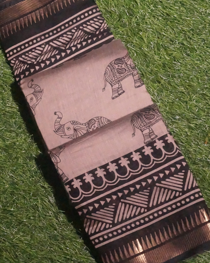 Black and Brown Mashru Silk Saree with Golden Temple Border