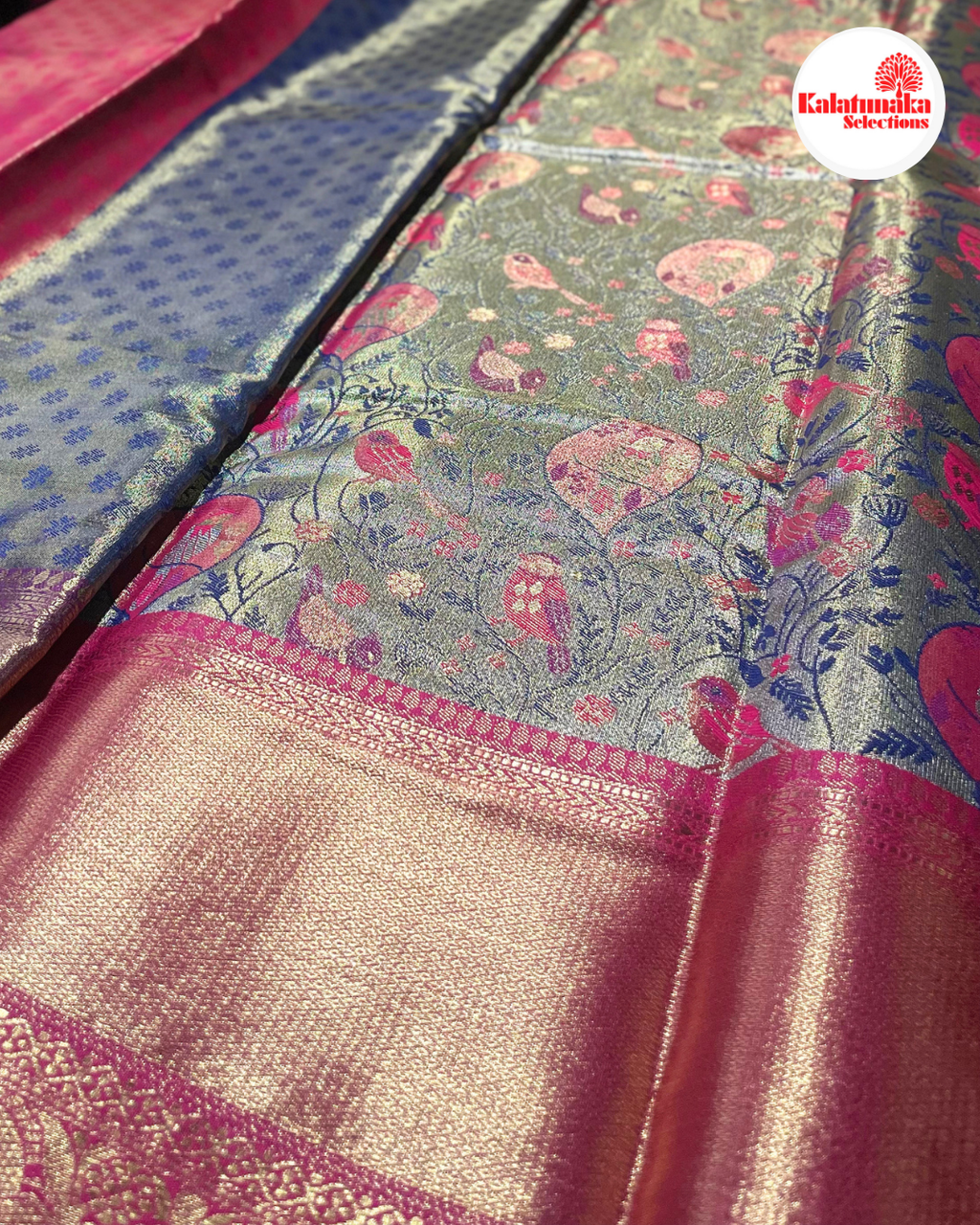 Mustard Kanchi Pattu Saree with Pink Peacock Border & Multicolor Bird Design