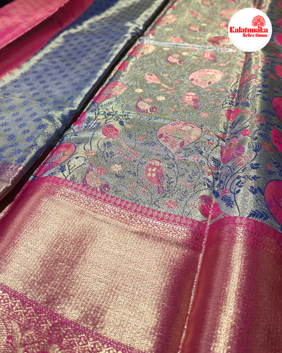 Mustard Kanchi Pattu Saree with Pink Peacock Border & Multicolor Bird Design