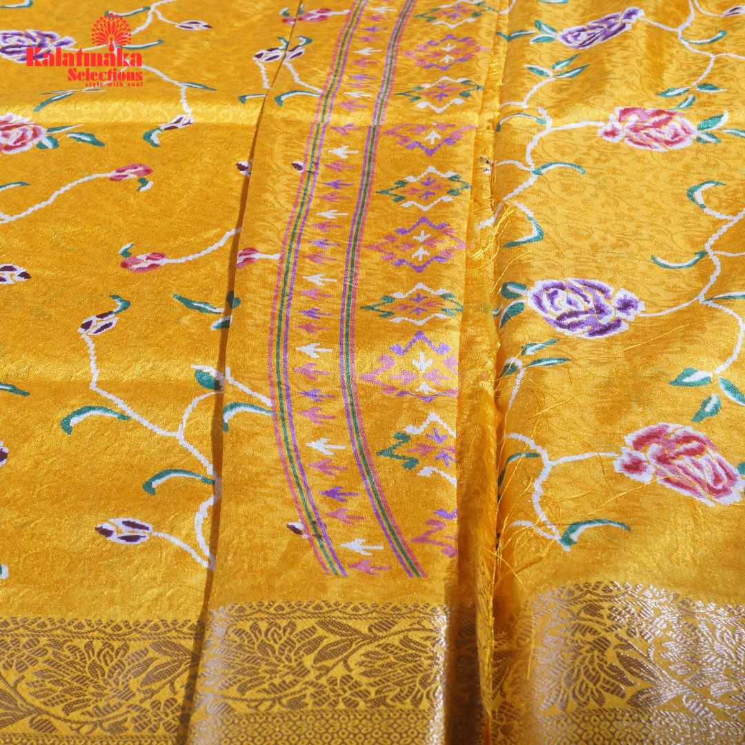 Yellow Printed Zakkard Silk Saree
