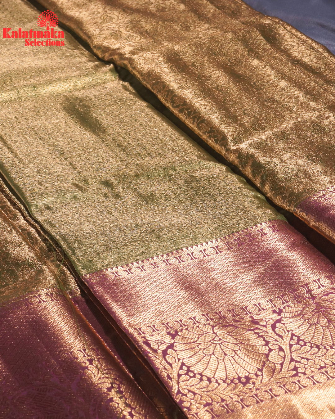 Green with Golden Work and Purple Border Padia Pattu Saree