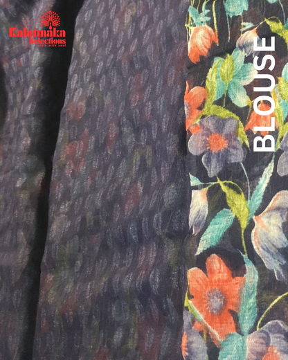 Navy Blue Floral Design Linen Fancy Saree
