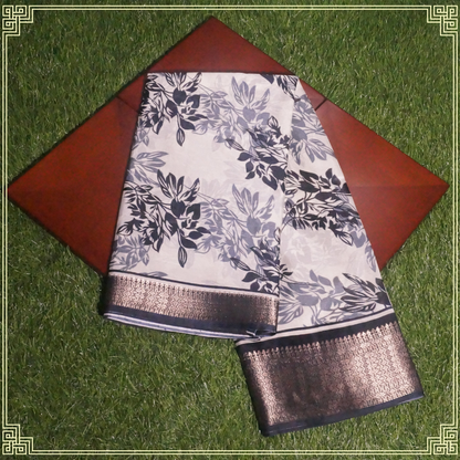 Cream and Black Leaves Design Fancy Saree