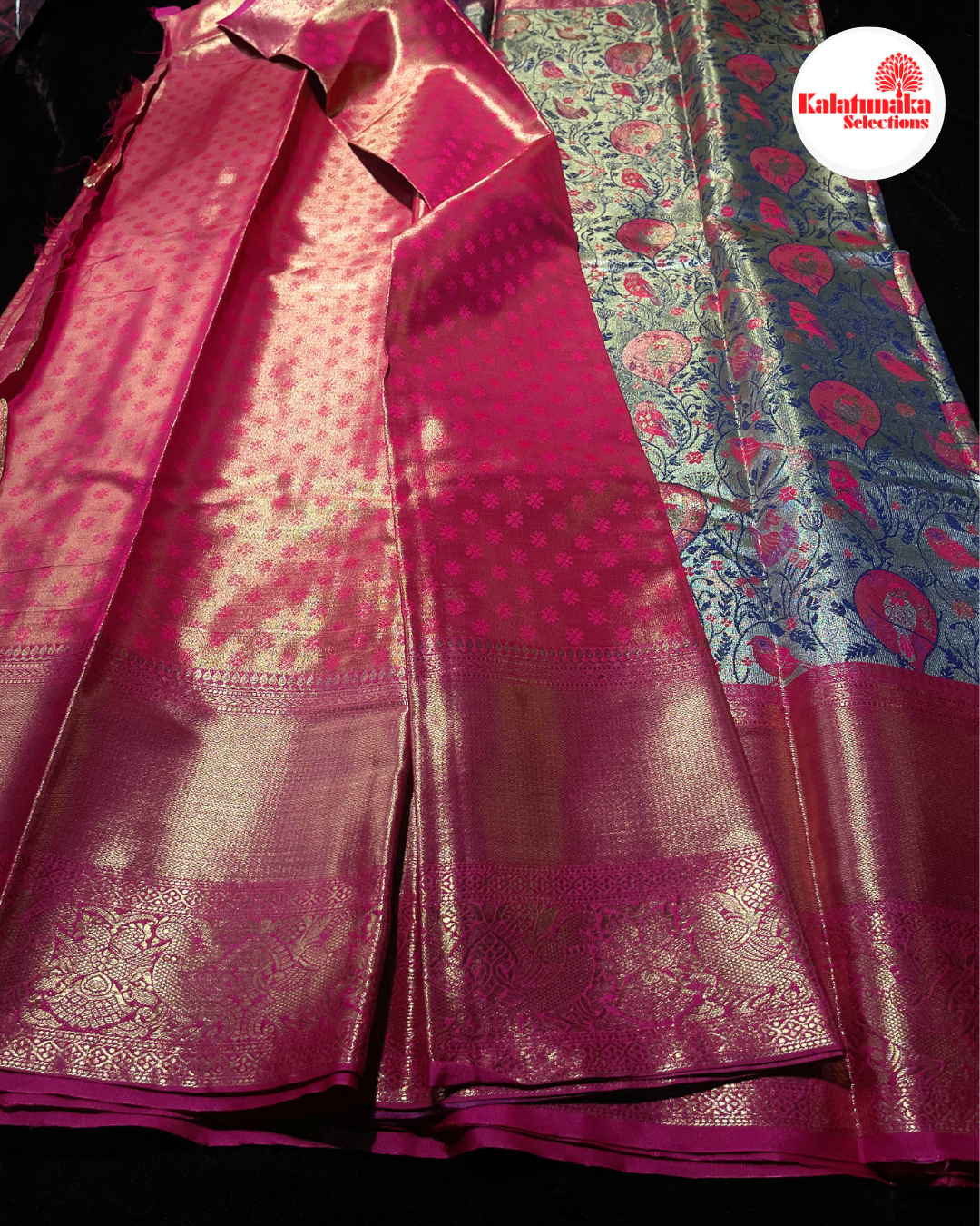 Mustard Kanchi Pattu Saree with Pink Peacock Border & Multicolor Bird Design