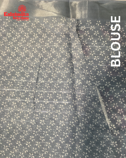 Silver Floral Design Linen Fancy Saree