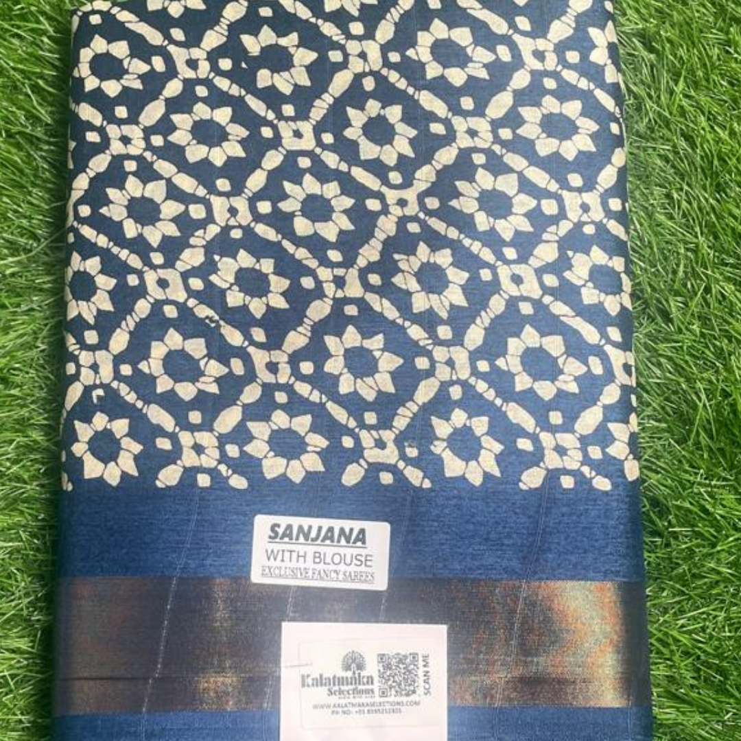 NavyBlue Printed Fancy Saree with Golden Border