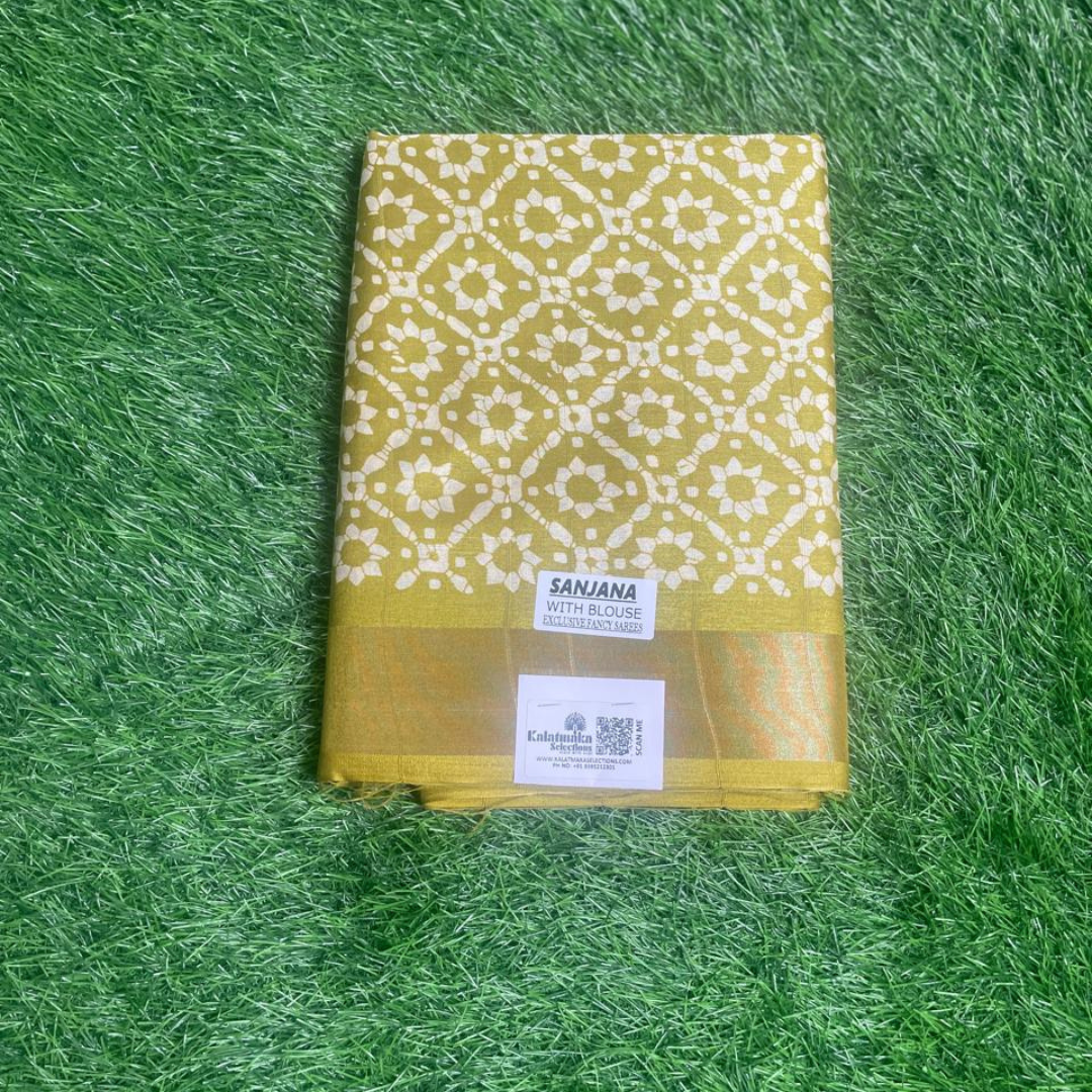 Green Printed Fancy Saree with Golden Border
