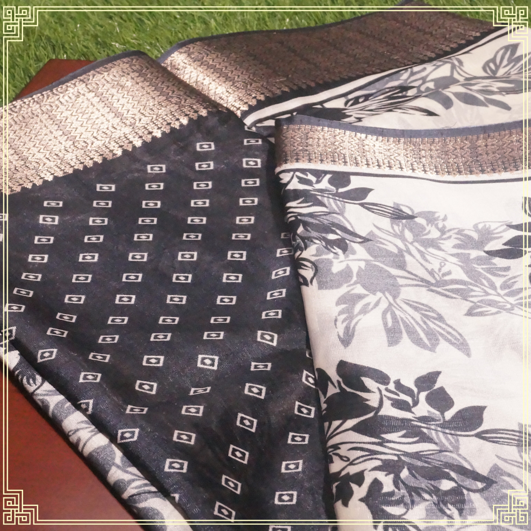 Cream and Black Leaves Design Fancy Saree
