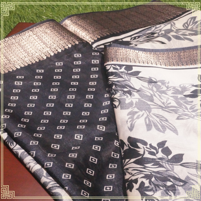 Cream and Black Leaves Design Fancy Saree