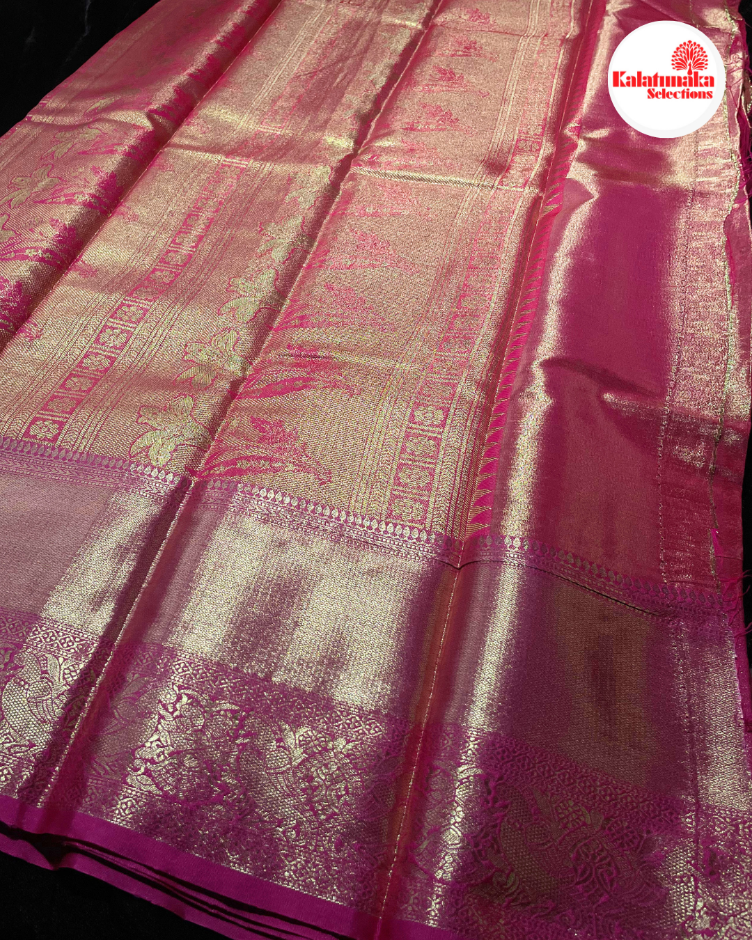 Mustard Kanchi Pattu Saree with Pink Peacock Border & Multicolor Bird Design