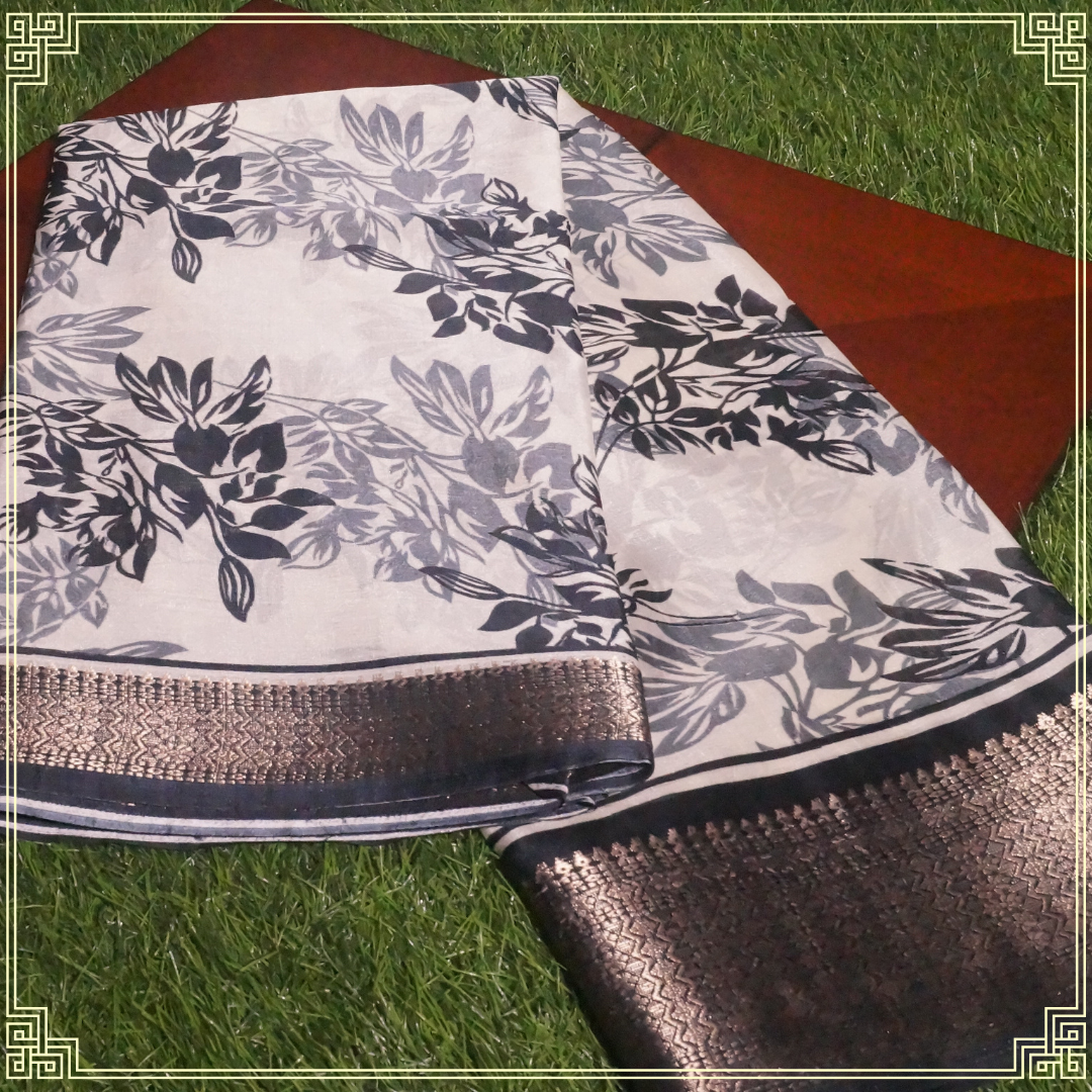 Cream and Black Leaves Design Fancy Saree