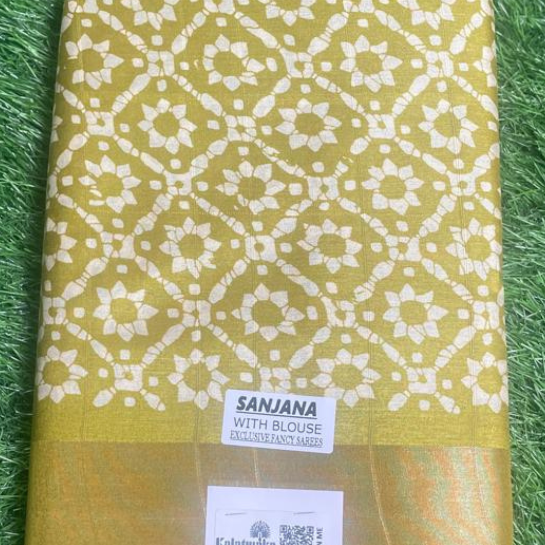 Green Printed Fancy Saree with Golden Border