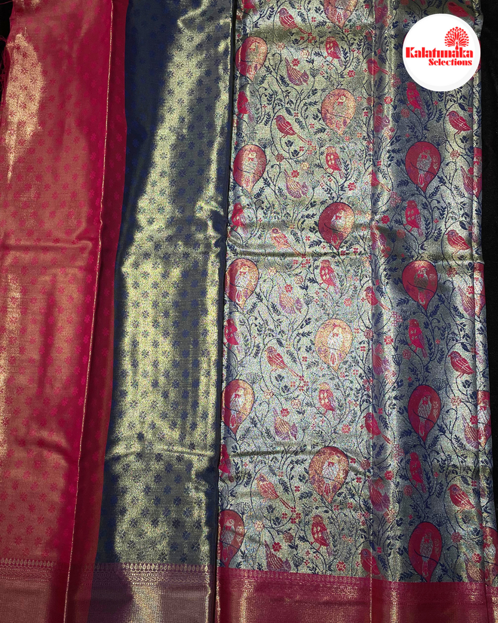 Mustard Kanchi Pattu Saree with Pink Peacock Border & Multicolor Bird Design