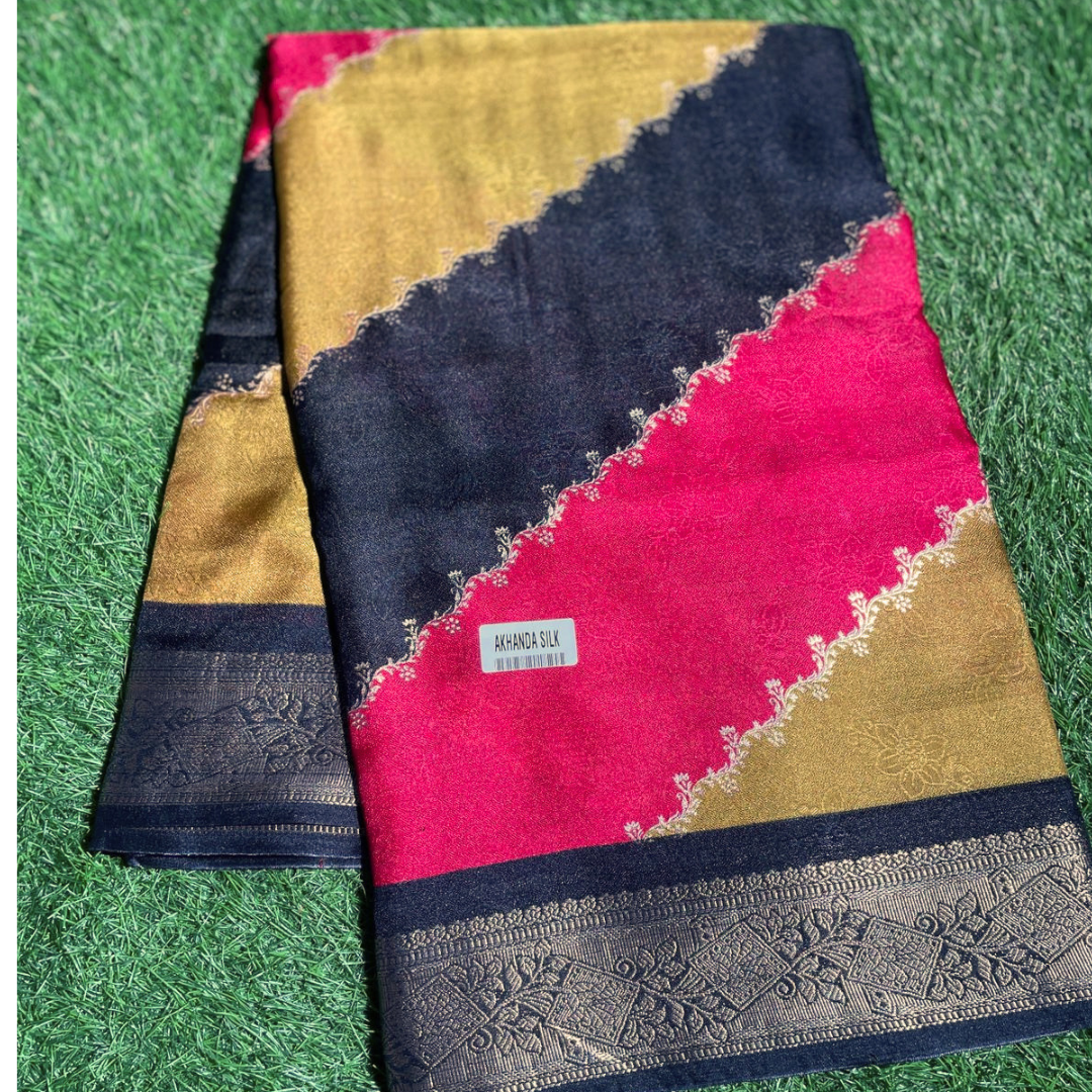 Multi Color Akhanda Silk Saree with Rich Silver Border