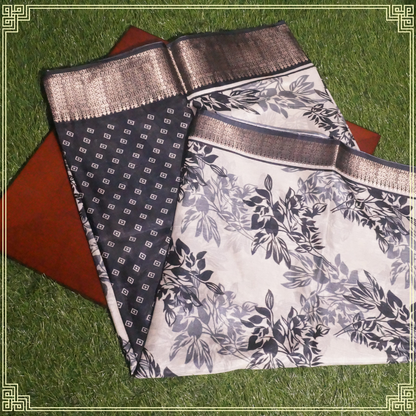 Cream and Black Leaves Design Fancy Saree