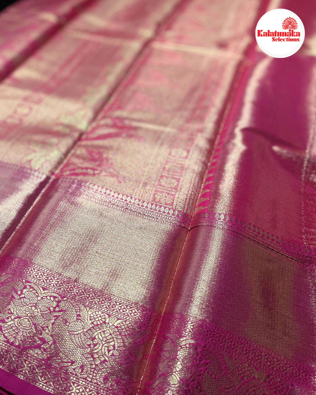 Mustard Kanchi Pattu Saree with Pink Peacock Border & Multicolor Bird Design