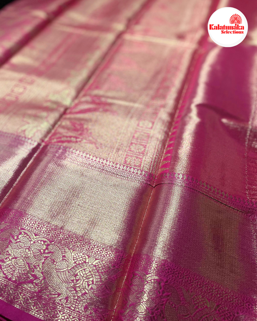 Mustard Kanchi Pattu Saree with Pink Peacock Border & Multicolor Bird Design