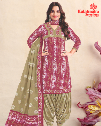 Olive Green and Pink Pure Cotton Dress Material