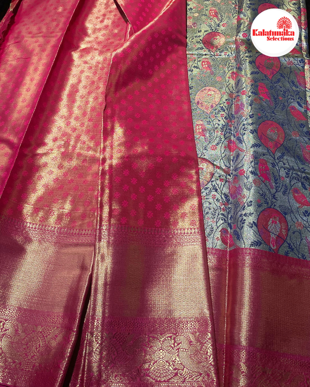 Mustard Kanchi Pattu Saree with Pink Peacock Border & Multicolor Bird Design