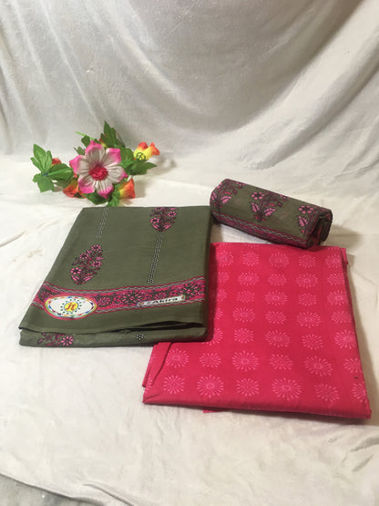 Moss Green and Raspberry Pink Color Pure Cotton Dress Material