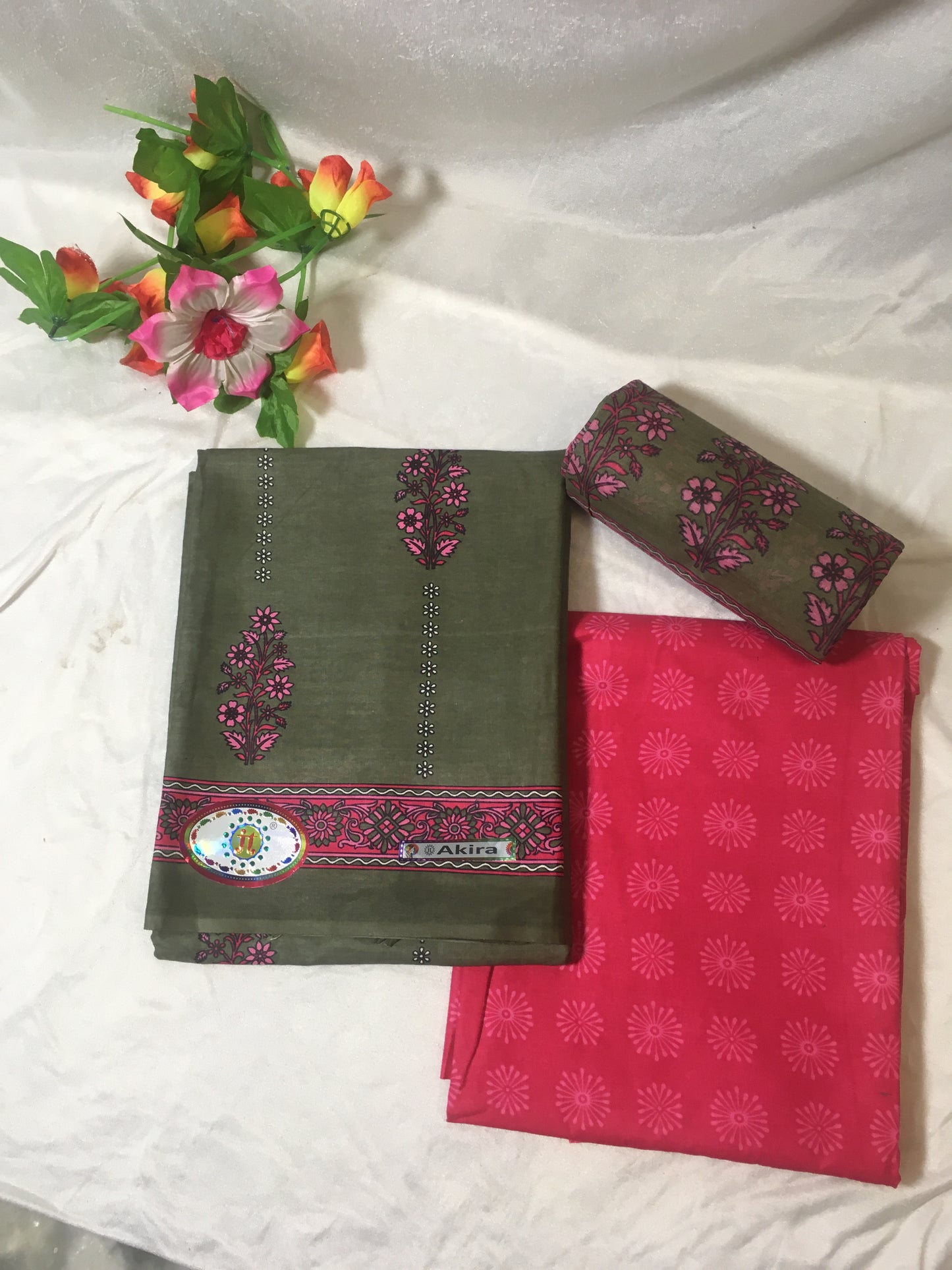 Moss Green and Raspberry Pink Color Pure Cotton Dress Material