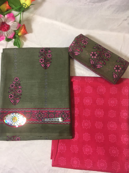 Moss Green and Raspberry Pink Color Pure Cotton Dress Material