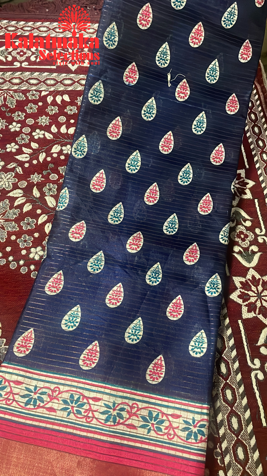 Banaras Fancy Blue with Pink Border Saree