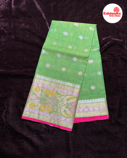Green Zari Kota Fancy Saree with All Over Silver Butta Design and Golden Multi-Color Border